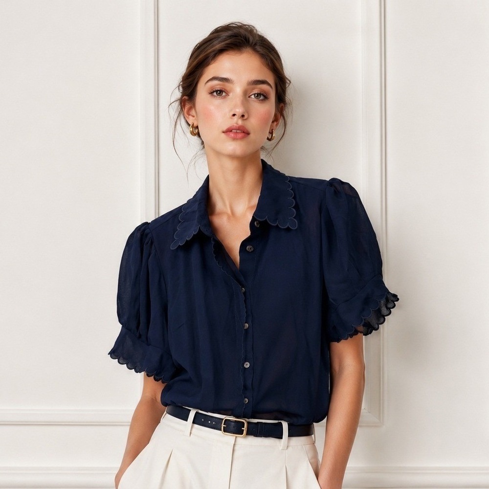CeCe Mistee Navy Blue Scalloped Puff Sleeve Button Down Blouse NWT Large